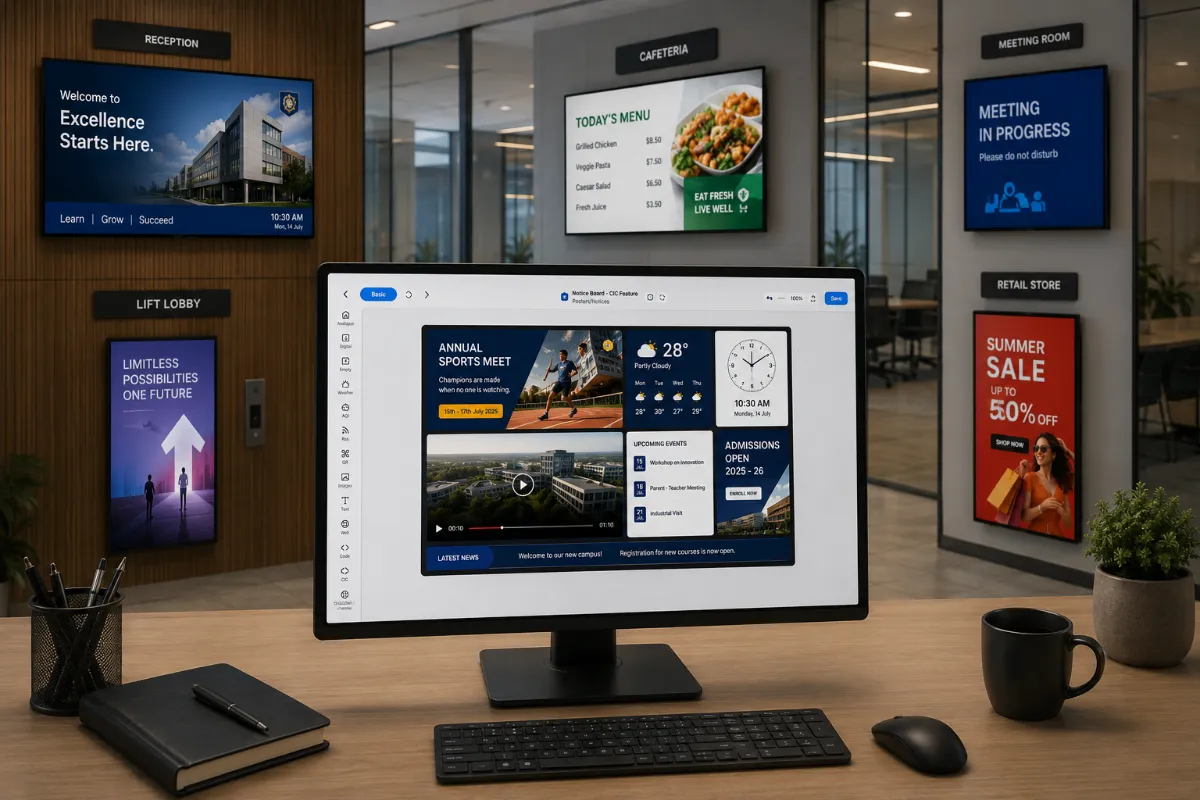 An office desk with a monitor running the content designer, and five wall displays around it under bay labels: reception showing a welcome board, lift lobby a brand poster, cafeteria the day's menu with prices, meeting room a do-not-disturb panel, and retail store a summer sale poster. The reception board and the designer's own clock both read 10:30 AM on Monday 14 July.