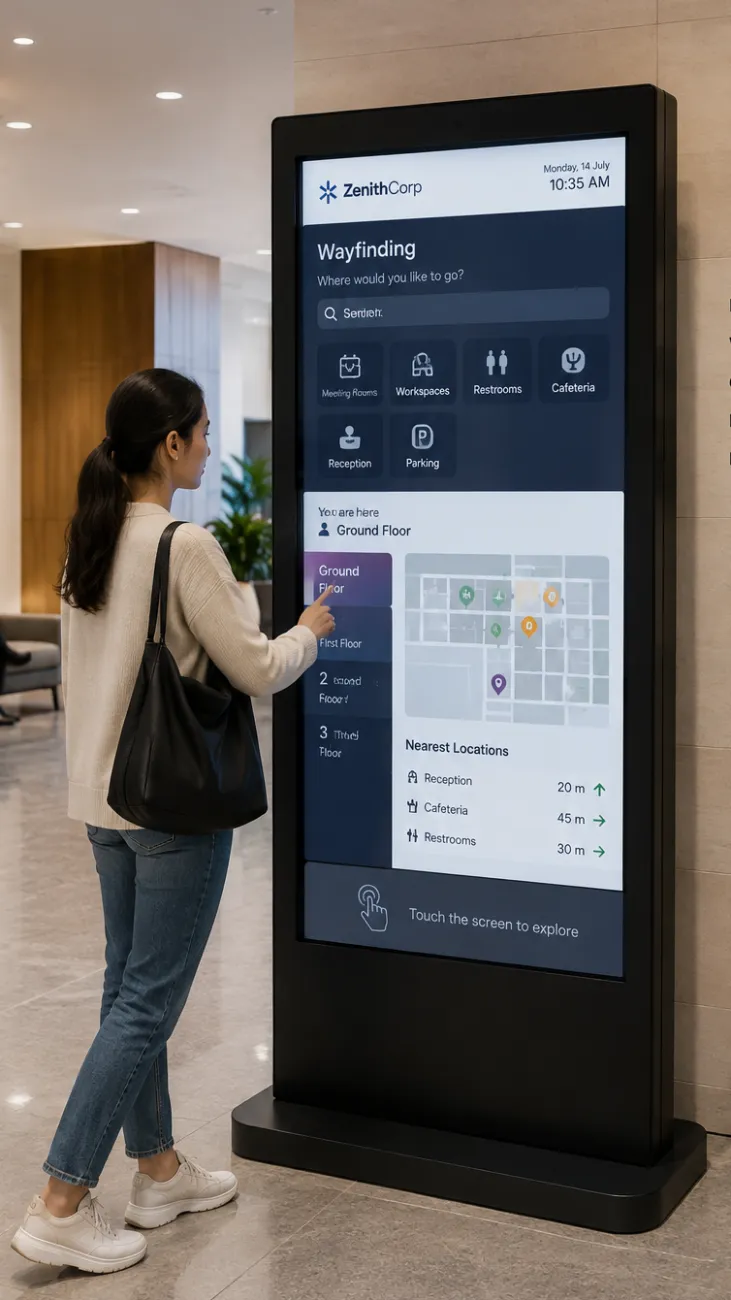A visitor touching a portrait wayfinding kiosk in a lobby, showing destination categories, a floor map and the nearest locations with distances.