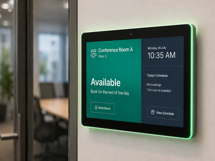 A small panel beside a glass meeting-room door, lit green and reading Conference Room A, Available, with today’s schedule and buttons to book the room or view the schedule.