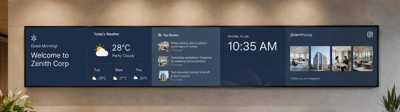 An ultrawide strip of four joined panels above a reception desk, run as one canvas: a welcome message, the weather, a news feed, the time, and a social wall.