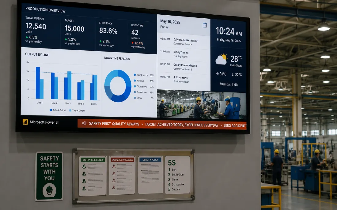 A wall-mounted display on a factory floor showing a live production dashboard — output and efficiency figures, a Power BI bar chart of output by line, a downtime breakdown, the day’s meeting schedule, a clock and a weather widget, with a safety message scrolling across the bottom. A printed notice board is bolted to the wall beneath it.